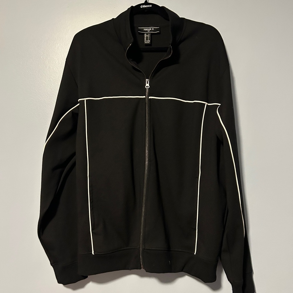 Forever 21 Men's Black Zip-Up Sweater with White Accents